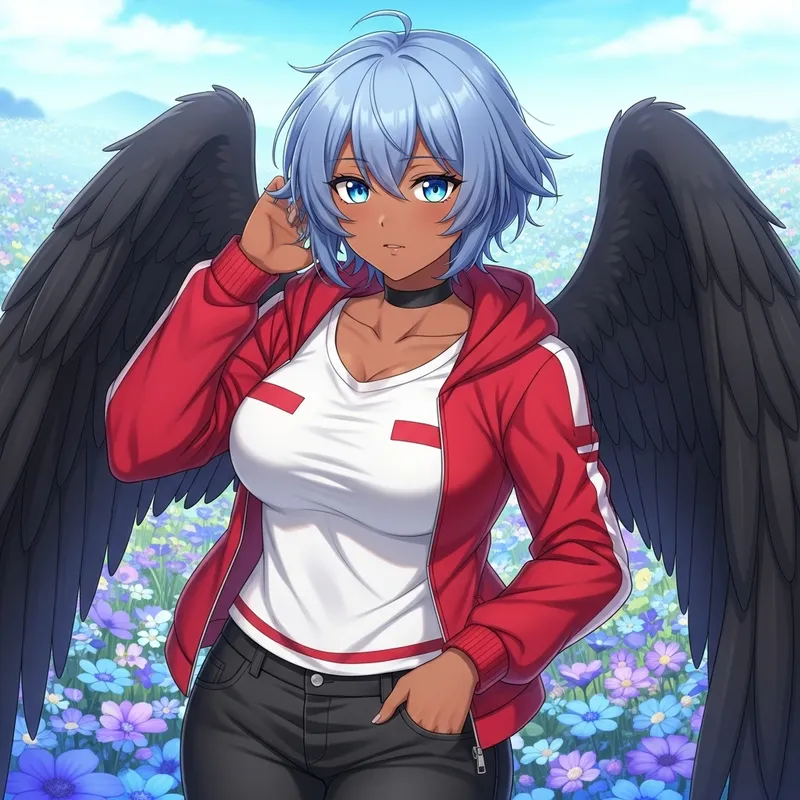 Anime-Style Teenage Character with Blue Hair, Wings, and Curvy Physique