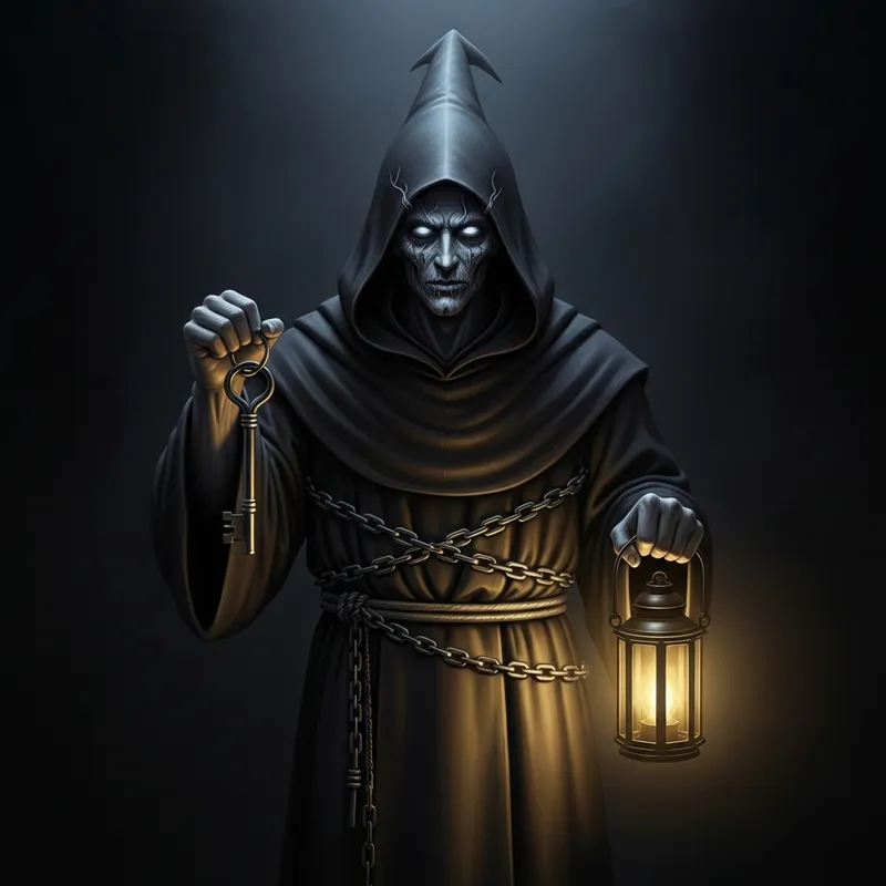 Ethereal Monk with Key and Lantern | Mystical Gaze