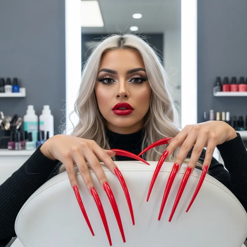 Platinum Blonde Woman with Gigantic Nails and Heavy Makeup