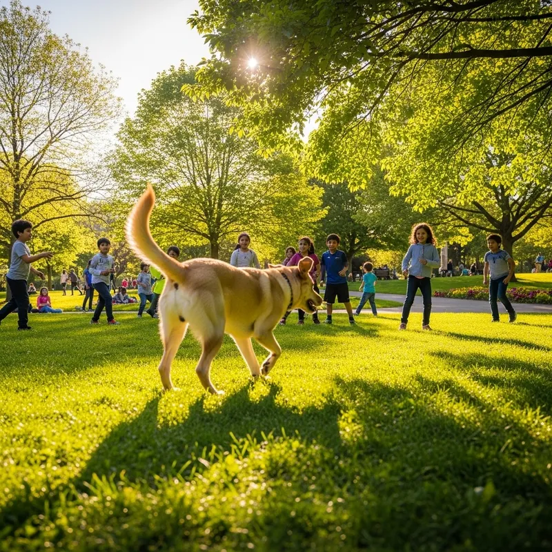 Beautiful Dog Enjoying Time in Green Park with Kids