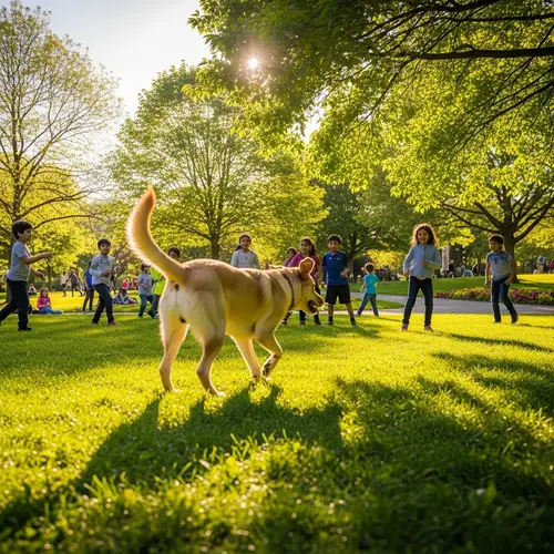 Playful Beige Dog Running in Lush Green Park with Children Playing