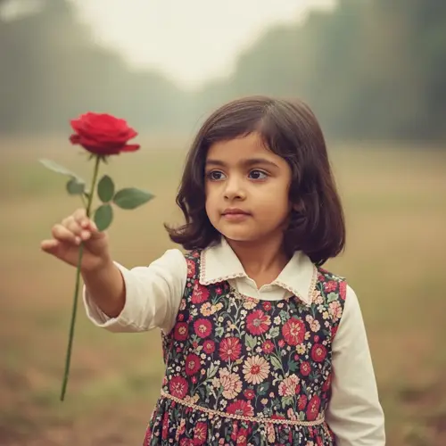 Enchanting Young Girl with Red Rose - Nostalgic Pastel Scene