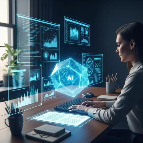 Futuristic AI-Powered Article Creation in Enigmatic Workspace