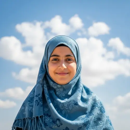 Middle-Eastern Girl in Blue Floral Hijab | Sunny Day Portrait