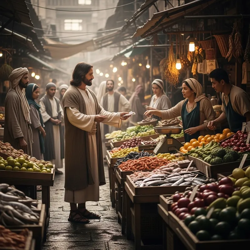 Jesus Bargaining in Vibrant Wet Market - Historical Scene Jesus Bargaining in Vibrant Wet Market - Historical Scene