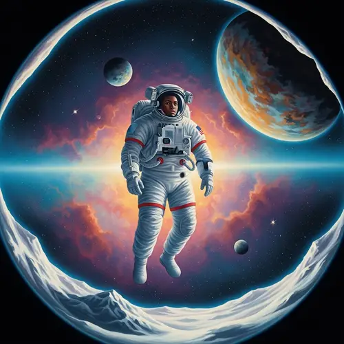 African Descendant Astronaut in Surreal Celestial Painting