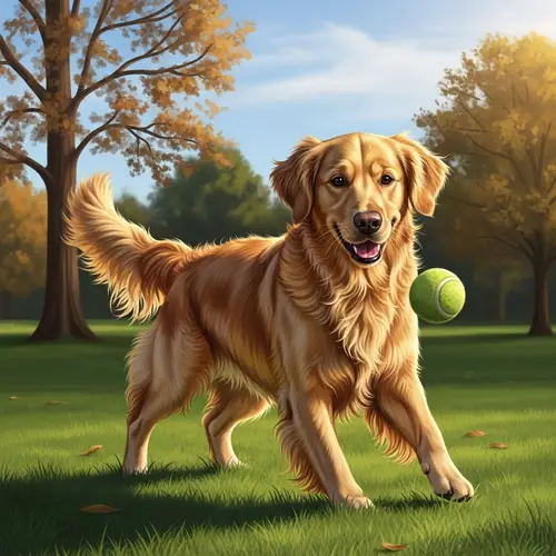 Playful Golden Retriever Painting in Grass Park | Artwork