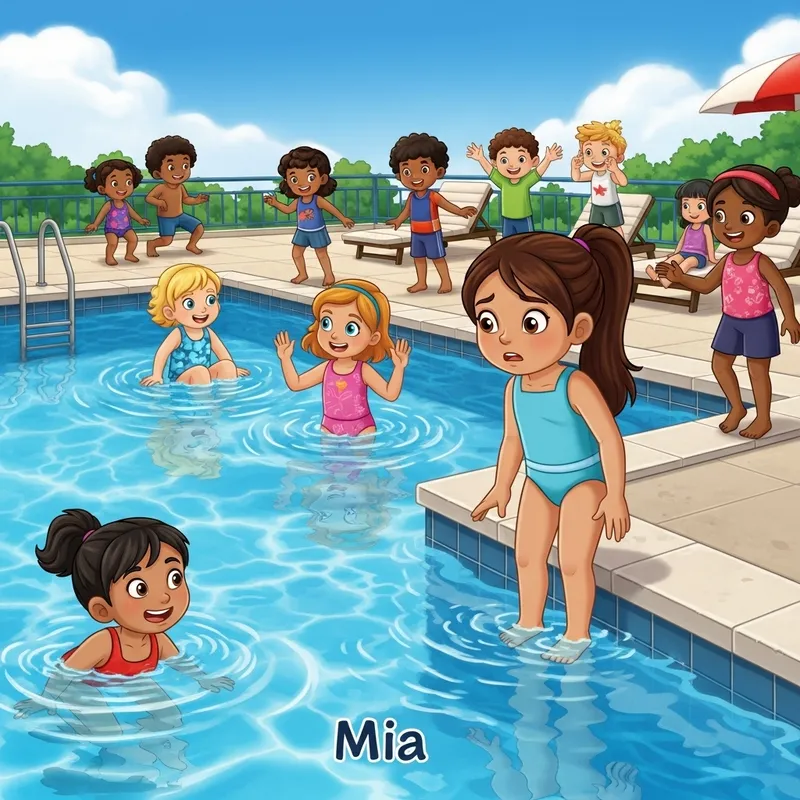 Mia Hesitant by Sunny Pool with Children | Fun Activities Mia Hesitant by Sunny Pool with Children | Fun Activities