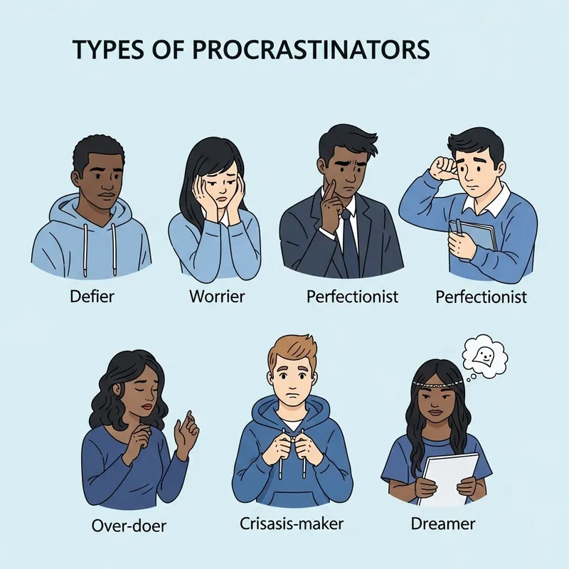 Blue Student Procrastination Types: Defier, Worrier, Perfectionist, Over-doer, Crisis-Maker, Dreamer
