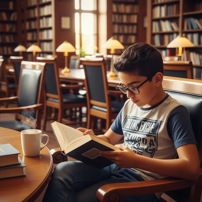Nerdy Boy in Library with Steaming Coffee | Lunchtime Scene Nerdy Boy in Library with Steaming Coffee | Lunchtime Scene