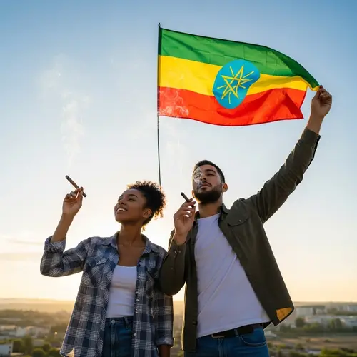 Hispanic Man and Black Woman Smoking Cigars with Ethiopian Flag