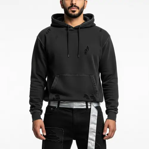 Rugged Style: Black Hoodie & Duct Tape Belt Outfit