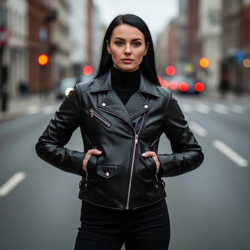 Stunning Tall Girl with Black Hair in Leather Jacket