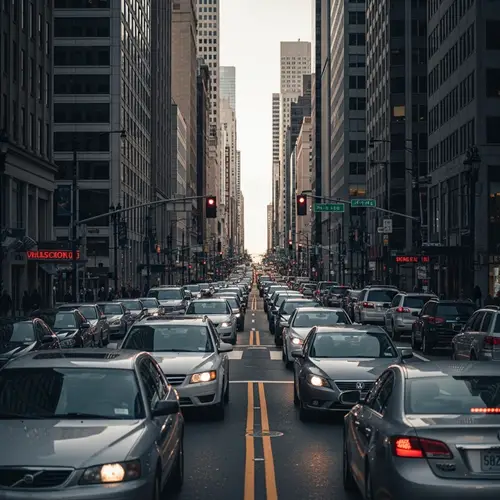 Vibrant City Traffic Scene: Cars, Pedestrians, and Neon Signs
