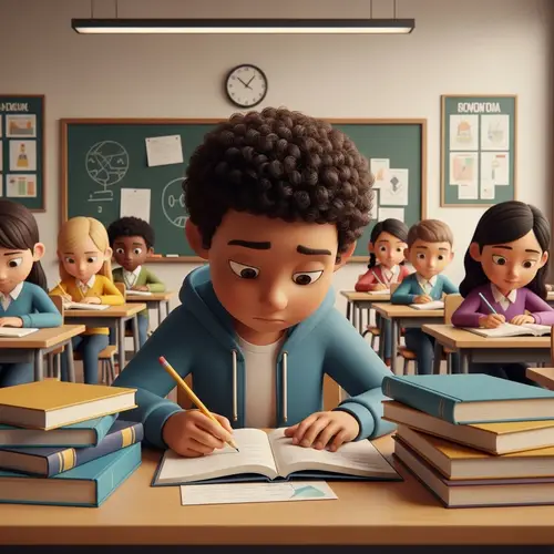 Diverse Student Cartoon Character at Desk Solving Math Problem | Educational Web