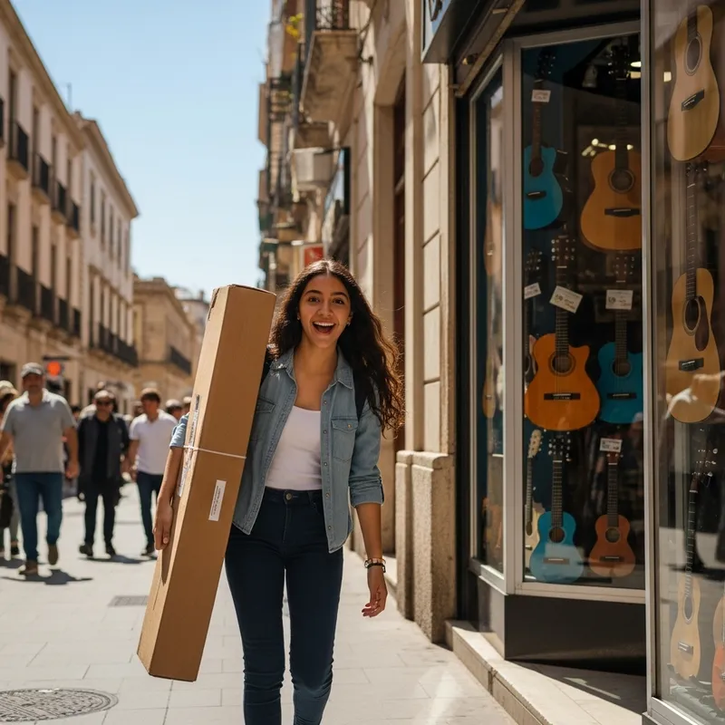 Ecstatic Teenage Girl Leaves Guitar Store with Large Box