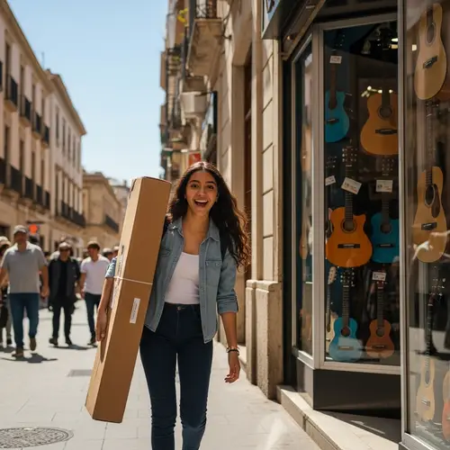 Ecstatic Hispanic Teenage Girl Leaving Bustling Guitar Shop