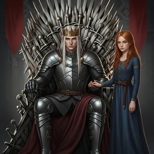 Medieval Fantasy Art with Regal Duo on Sword Throne