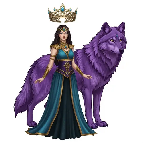 Majestic Woman with Crown and Violet Wolf - Fantasy Enchantment
