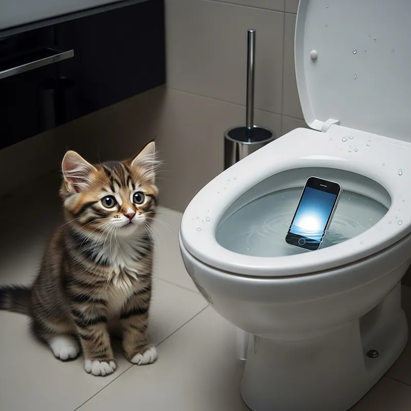 Curious Kitten Surprised by Cell Phone in Toilet