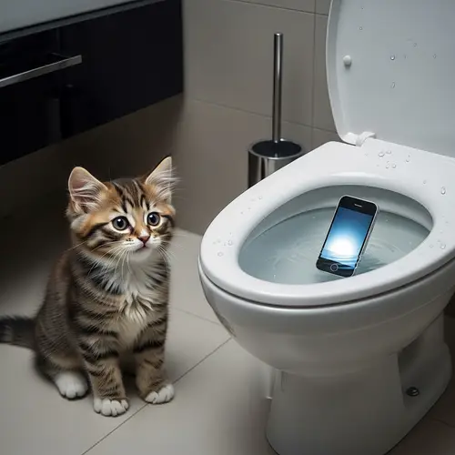 Adorable Kitten Surprised by Phone in Toilet