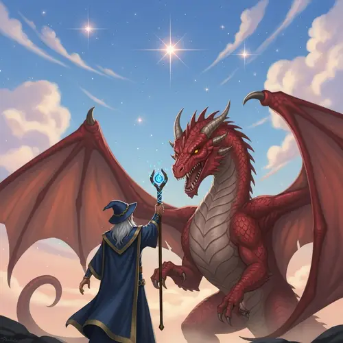 Middle Eastern Wizard Confronts Red Dragon in Divine Sky