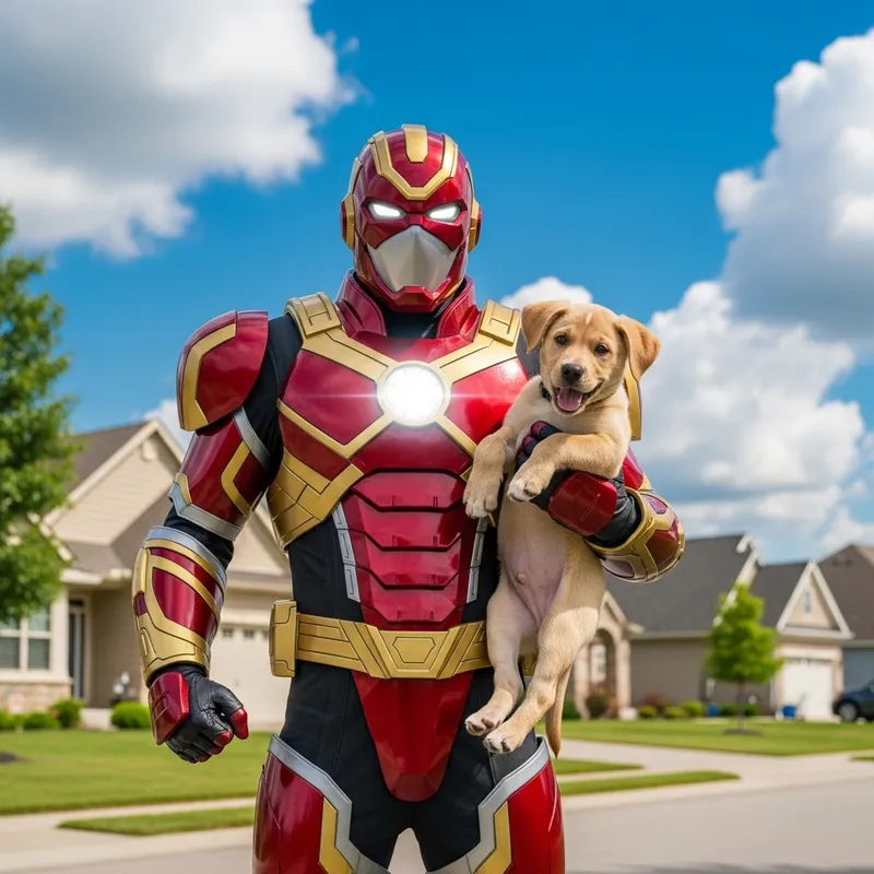 Iron Man with Playful Puppy - Suburban Adventure