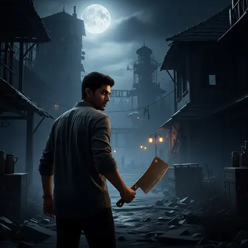 Chilling Night Videogame Scene with South Asian Gamer and Rusty Cleaver