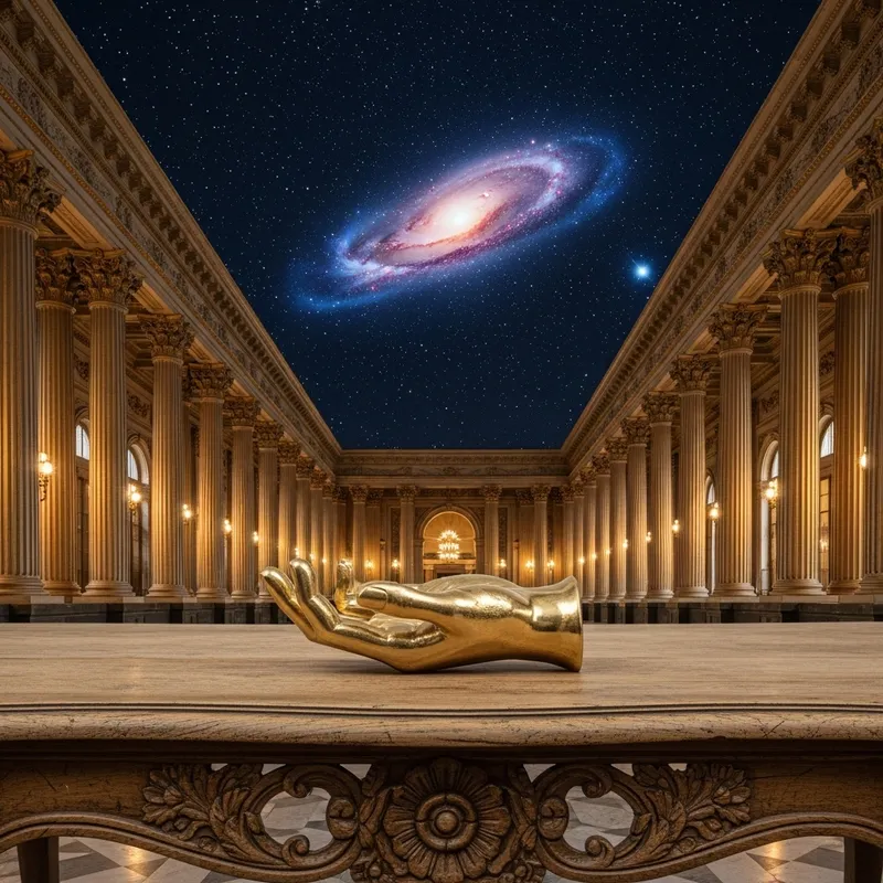 Gold Hand Sculpture on Vintage Wooden Table