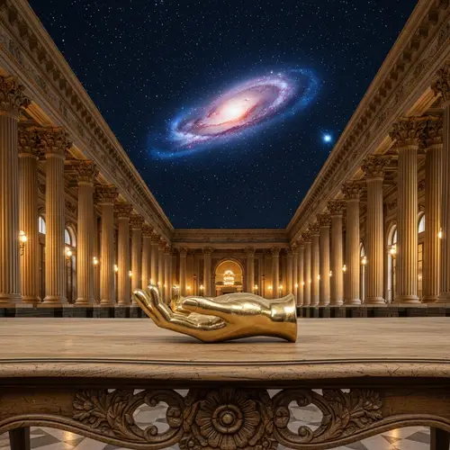 Gold Hand Sculpture on Vintage Wooden Table