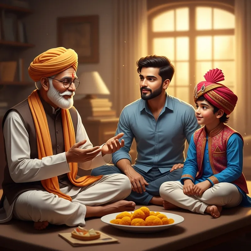 Old Indian Merchant Exploring Traditions with His Sons