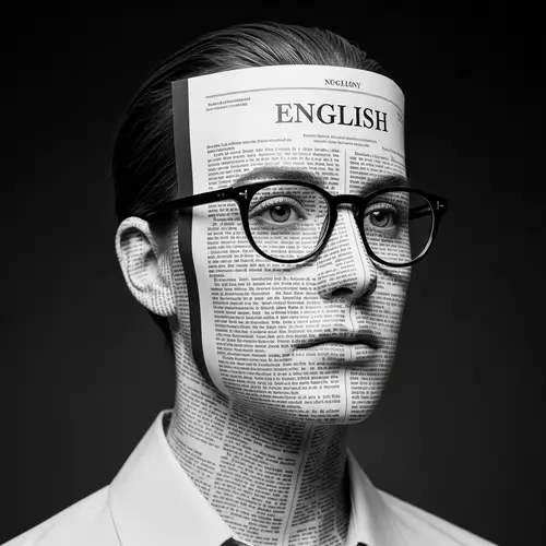 Intricate Academic Portrait: Person with Head Made of English Textbook