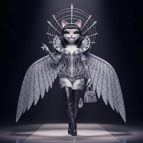 Anthropomorphic Feline with Makeup and Silver Wings on Glamorous Stage