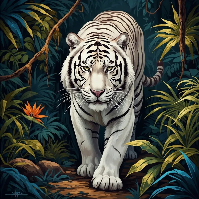 Majestic White Tiger in Vibrant Jungle Artwork