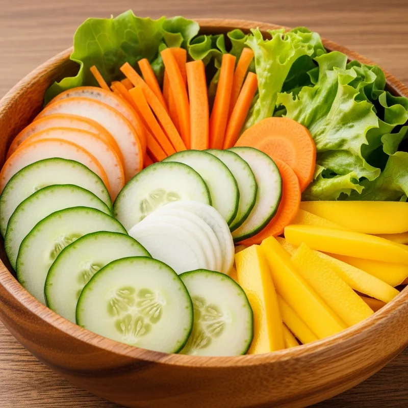 Finely Sliced Salad Vegetables in Wooden Bowl Finely Sliced Salad Vegetables in Wooden Bowl