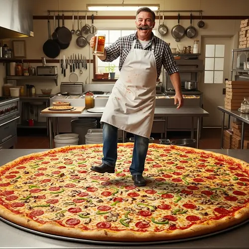 Middle-Aged Man Laughing on Pizza with Beer - Boisterous Moment