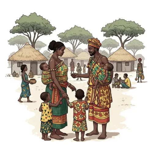 Traditional Ghanaian Family Scene with Mother, Baby, and Community