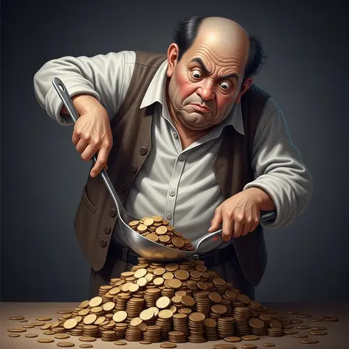 Captivating Image of Hunchbacked Man Stirring Coins with Spoon