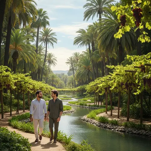 Men Walking in Lush Garden with Palm Trees & Rivers
