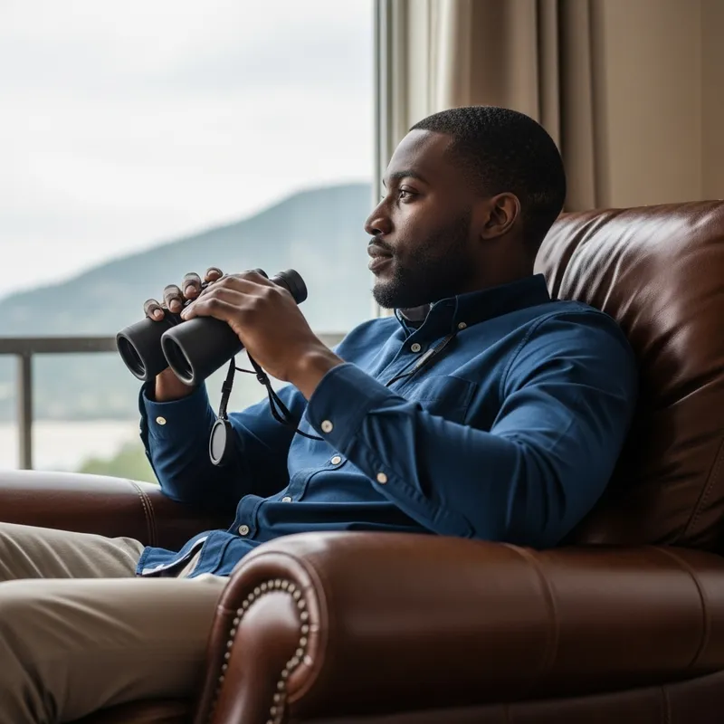 Stylish Black Man in Navy Blue Shirt looking out Window with Binoculars