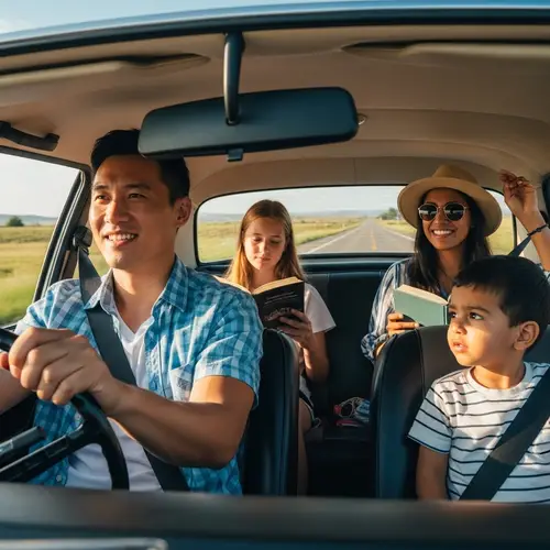 Cheerful Family Road Trip: Cinematic Bliss on Open Highway