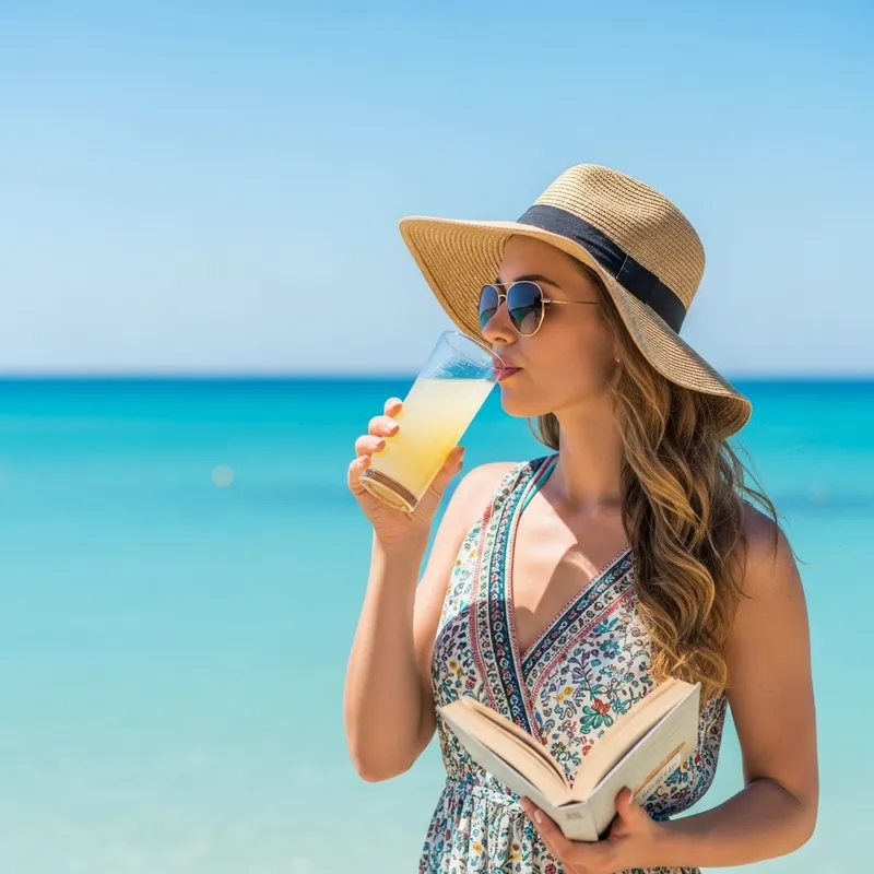 Hot Lady Enjoying Summer with Refreshing Lemonade by the Beach