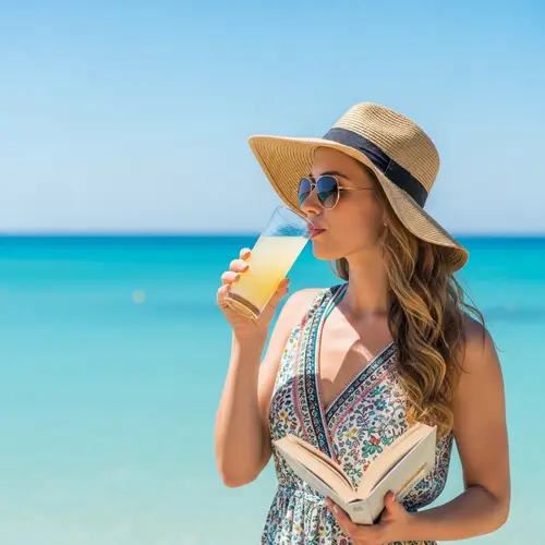 Attractive Woman Enjoying Summer by the Beach with Lemonade