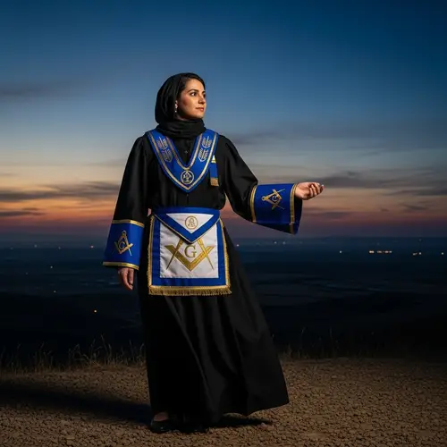 Middle-Eastern Female Freemason at Dusk: Symbols of Anticipation