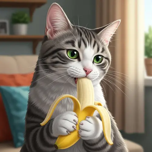 Puzzled Cat Eating Ripe Yellow Banana - Curious Indoor Scene