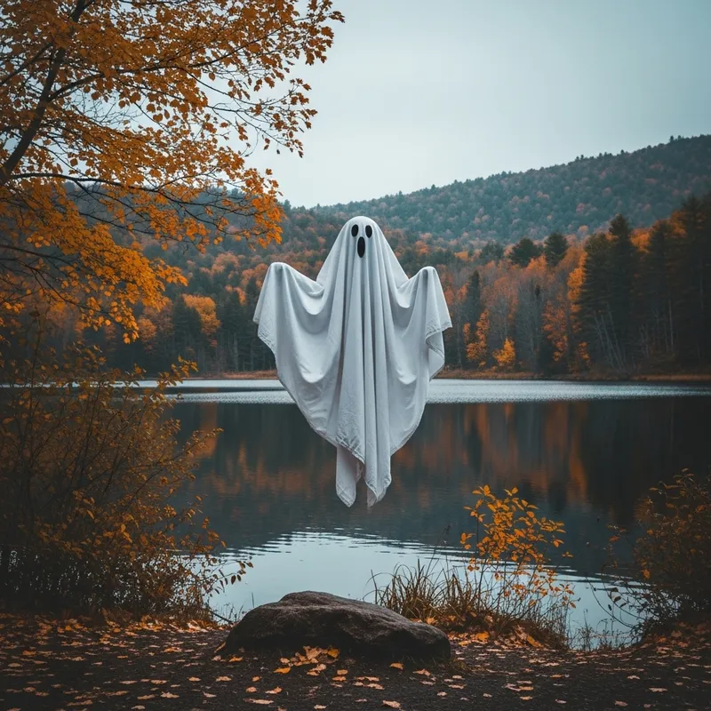 Innocently Playful Simple Ghost Floating Above Tranquil Lake