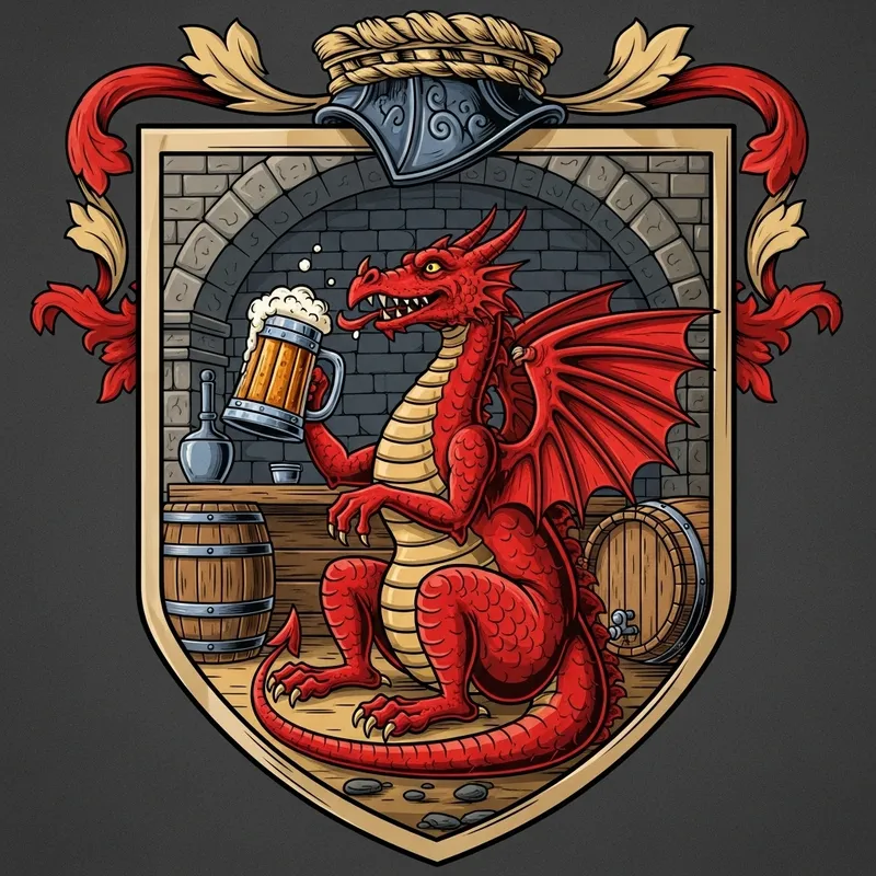 Brewery Coat of Arms with Red Cellar Dragon Enjoying Beer Brewery Coat of Arms with Red Cellar Dragon Enjoying Beer