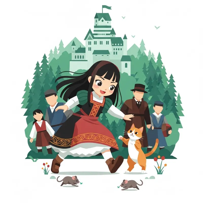 Geometric Elements: Japanese Girl in Medieval Dress Playing with Cat