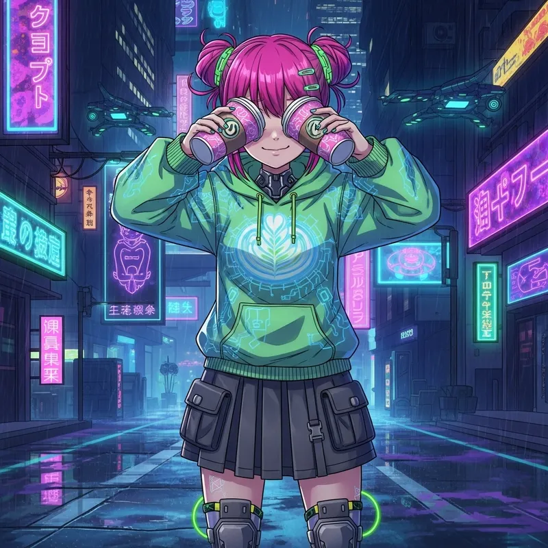 Playful Cyberpunk Anime Girl with Coffee Cups