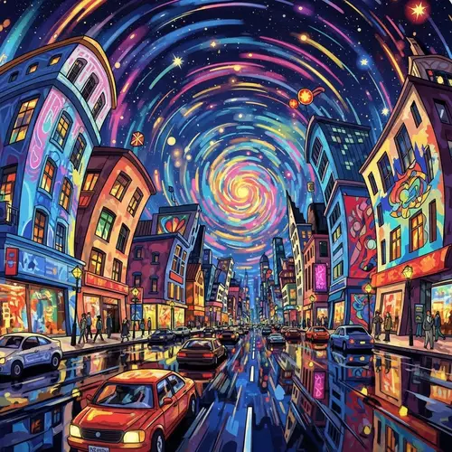Psychedelic Swirling Cityscape | Vibrant & Abstract Artwork